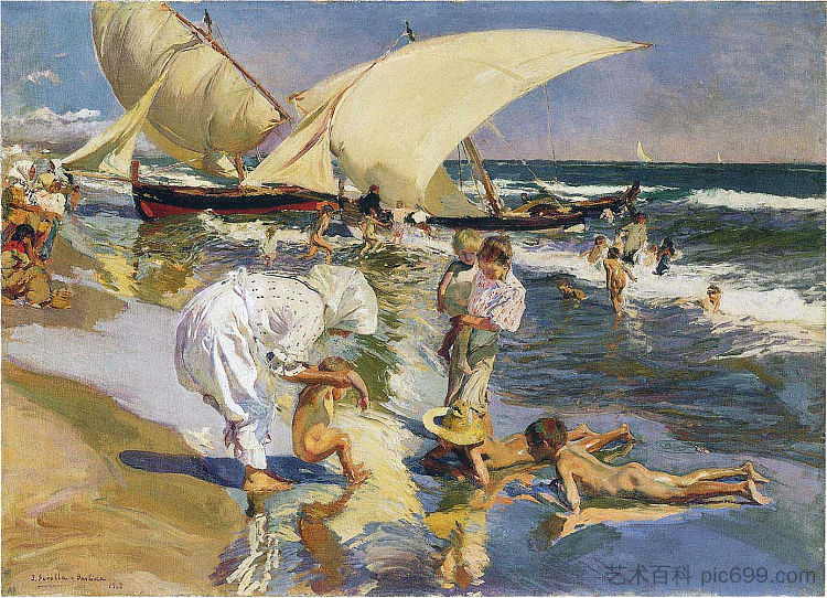 晨光中的瓦伦西亚海滩 Valencia beach in the morning light (1908; Spain  )，华金·索罗拉