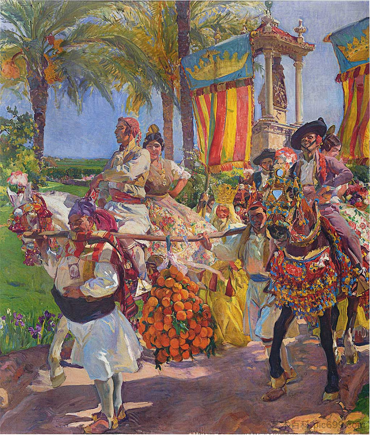 瓦伦西亚， 马背上的情侣 Valencia, Couples on horseback (1916; Spain  )，华金·索罗拉