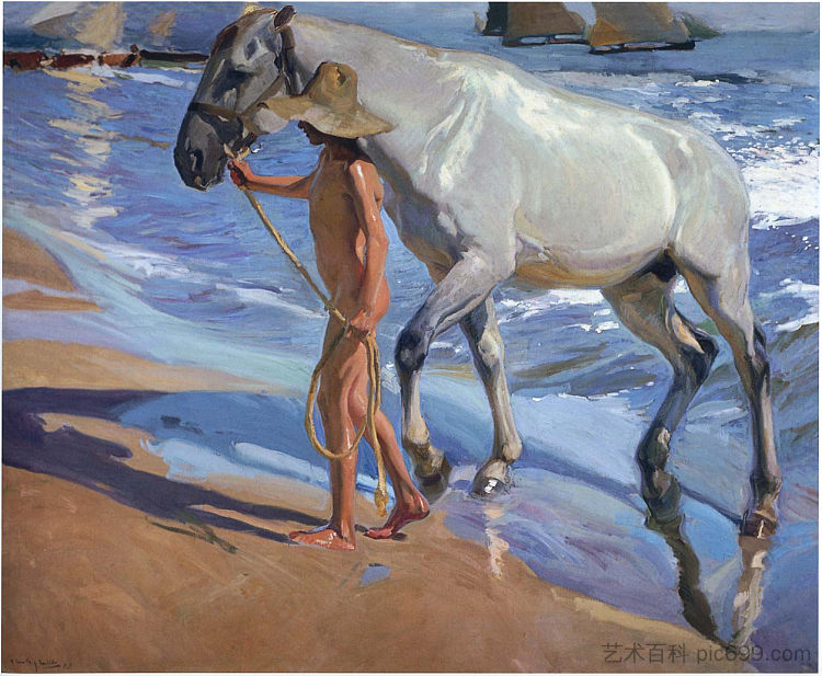 洗马 Washing the Horse (1909; Spain  )，华金·索罗拉