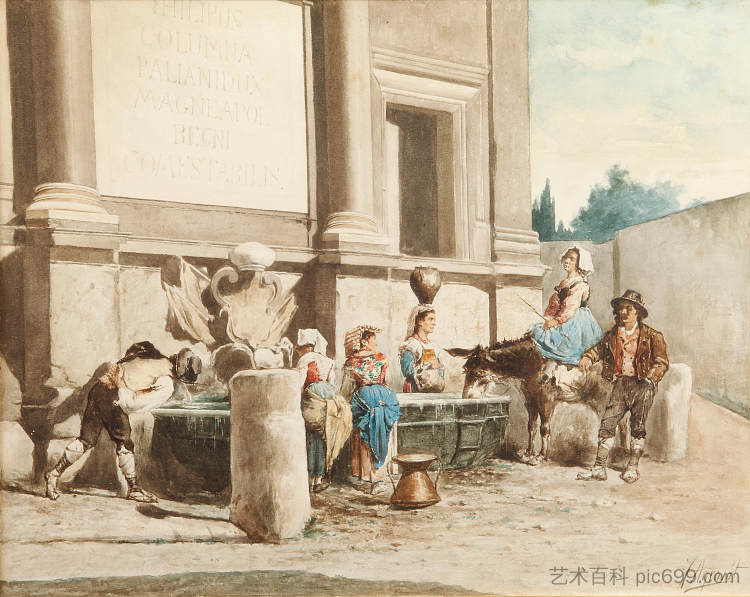 一群乡下人聚集在水槽旁 A group of country people gathered by a water trough (c.1870; Italy  )，华金·阿格拉索