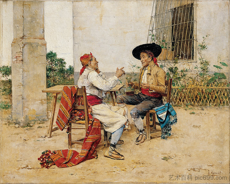 瓦伦西亚韦尔塔的两名居民（喝葡萄酒） Two Inhabitants of the Valencia Huerta (Drinking Wine) (1880)，华金·阿格拉索