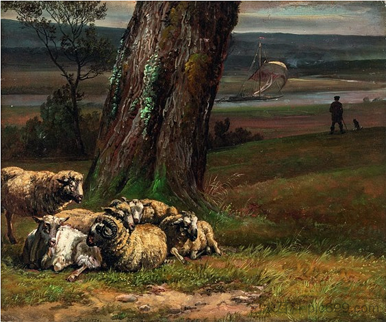 易北河景观与宁静的绵羊 Elbe landscape with tranquil sheep (1824)，约翰·克里斯蒂安·代赫勒