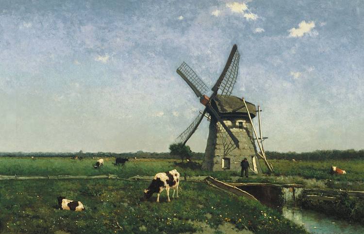 斯希丹附近的风车景观 Landscape with windmill near Schiedam (1873)，扬·亨德里克·魏森布鲁赫