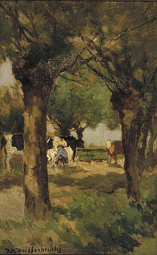 在柳树下挤奶 Milking cows underneath the willows，扬·亨德里克·魏森布鲁赫