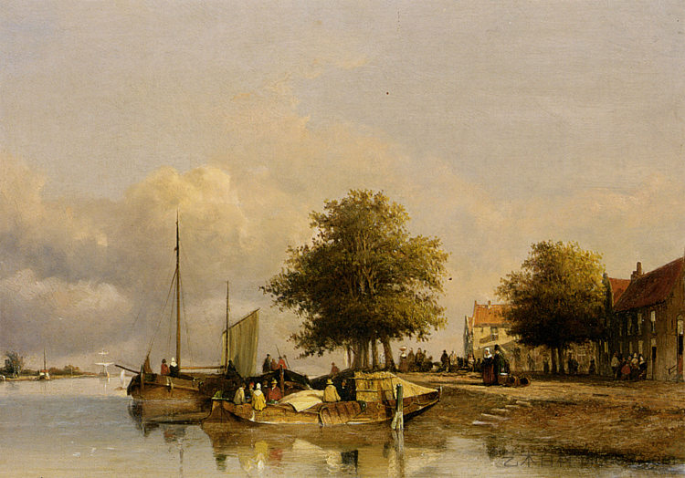 码头上的市民，Wijk Bij Duursrede Townsfolk on a quay, Wijk Bij Duursrede (1847)，扬·亨德里克·魏森布鲁赫