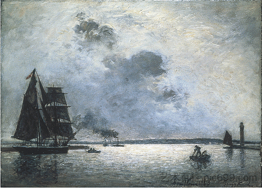 翁弗勒尔，海港入口处的日出 Honfleur, Sunrise at Harbour Entry (1863)，约翰·琼金德