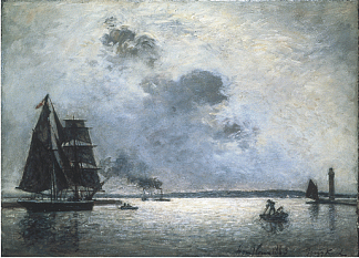 翁弗勒尔，海港入口处的日出 Honfleur, Sunrise at Harbour Entry (1863)，约翰·琼金德