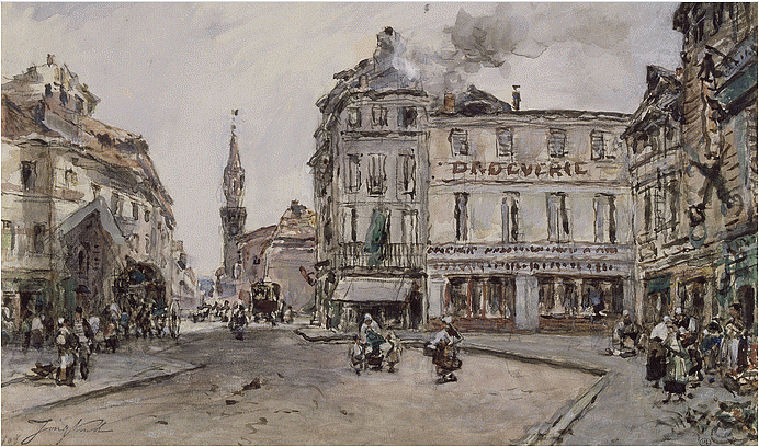 阿维尼翁广场的景色，有一家五金店 View of a square in Avignon, with a hardware store (1880)，约翰·琼金德