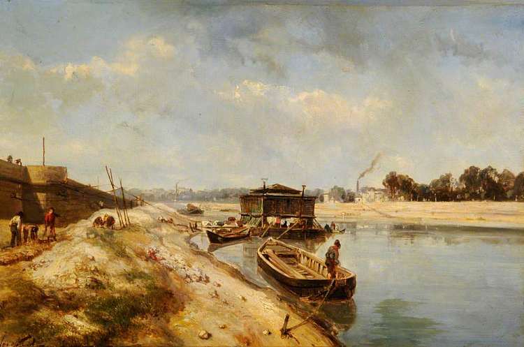 河流场景与驳船和人物 River Scene with Barges and Figures (1865 - 1870)，约翰·琼金德