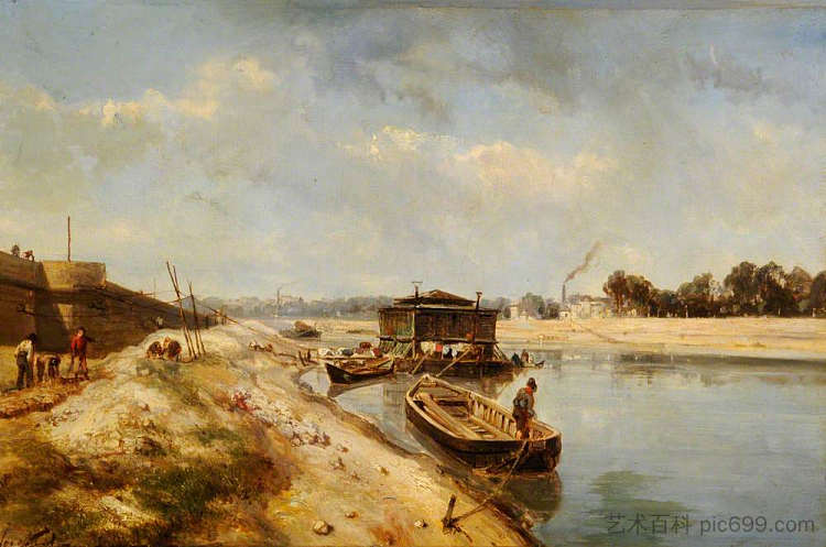 河流场景与驳船和人物 River Scene with Barges and Figures (1865 - 1870)，约翰·琼金德