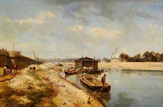 河流场景与驳船和人物 River Scene with Barges and Figures (1865 – 1870)，约翰·琼金德