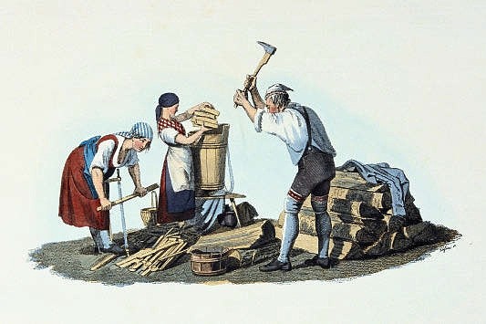 男性伐木工和女性伐木工（或木材切割机），在约翰·约瑟夫·辛德勒（Johann Josef Schindler）的画作之后 Male wood cutter and female wood cutter (or Wood splitter), after a drawing by Johann Josef Schindler (1826)，约翰·内波穆克·帕西尼