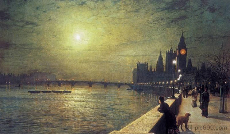 泰晤士河上的反思，威斯敏斯特 Reflections on the Thames, Westminster (1880; United Kingdom  )，约翰·阿特金森·格里姆肖