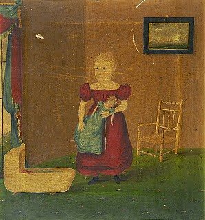女孩在室内抱着娃娃 Girl Holding Doll in an Interior (1830)，约翰·布拉德利