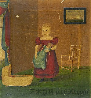 女孩在室内抱着娃娃 Girl Holding Doll in an Interior (1830)，约翰·布拉德利