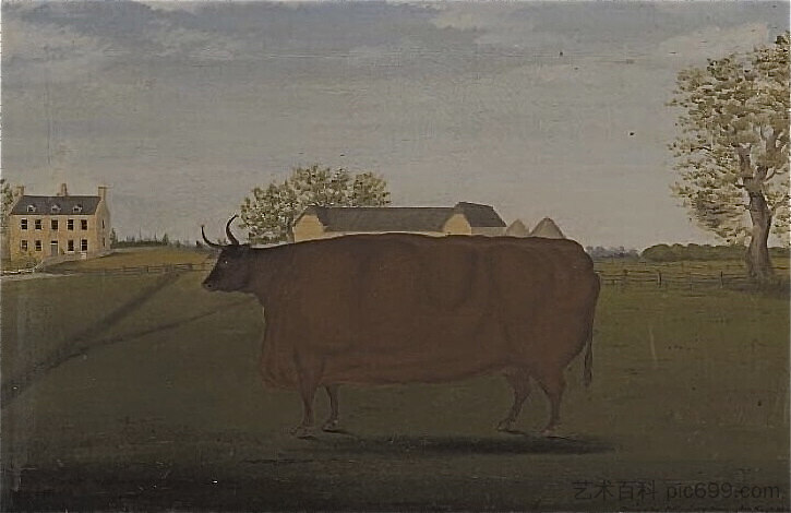 田野里的奖品牛画 Painting of a Prize Cow in a Field (1827)，约翰·布拉德利