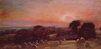 日落时分东伯格霍尔特附近的干草场 A Hayfield near East Bergholt at Sunset (1812; United Kingdom                     )，约翰·康斯特布尔