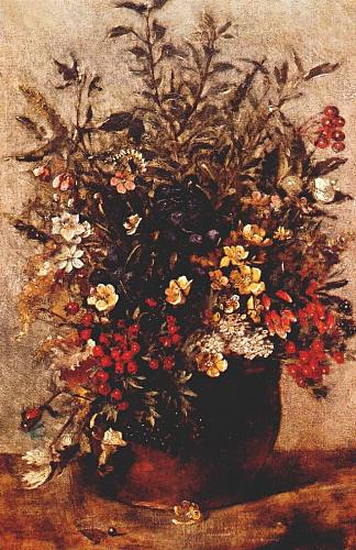 棕色花盆中的秋季浆果和鲜花 Autumn berries and flowers in brown pot，约翰·康斯特布尔
