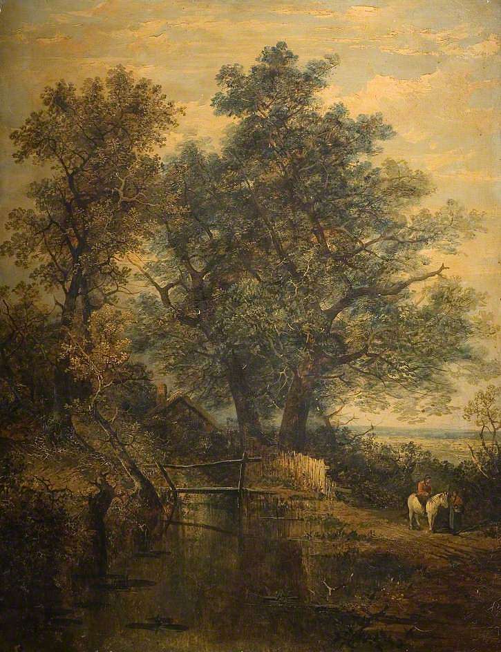 一条小溪、一座桥、一棵树和风景中的两个人物 A Stream, Bridge, Trees and Two Figures in a Landscape，约翰·克罗姆