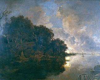 布鲁日河，远处的奥斯坦德 – 月光 Bruges River, Ostend in the Distance – Moonlight，约翰·克罗姆