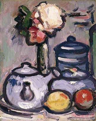 静物：有鲜花和水果的茶壶 Still Life: Teapot with Flowers and Fruit (1912)，约翰·邓肯·弗格森