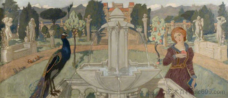 孔雀和喷泉（装饰面板） Peacocks and Fountain (decorative Panel) (1905)，约翰·邓肯