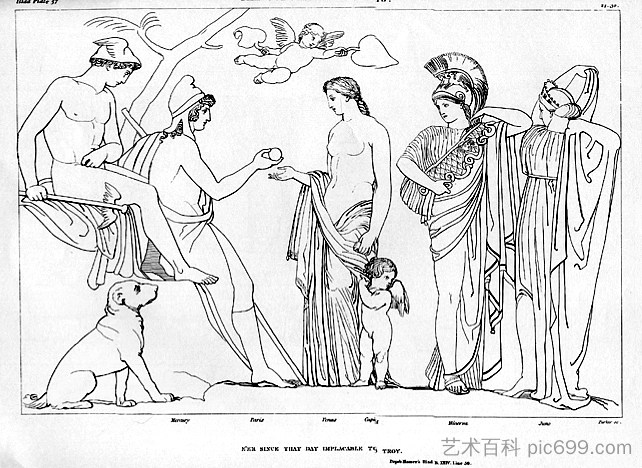 巴黎的审判。《伊利亚特》插图 The Judgment of Paris. Illustration to the Iliad (1793 - 1795)，约翰·弗拉克斯曼