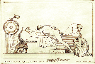 忒提斯为悲伤的阿喀琉斯提供新的盔甲。《伊利亚特》插图 Thetis Delivers New Armor to Grieving Achilles. Illustration to the Iliad (1793 – 1795)，约翰·弗拉克斯曼