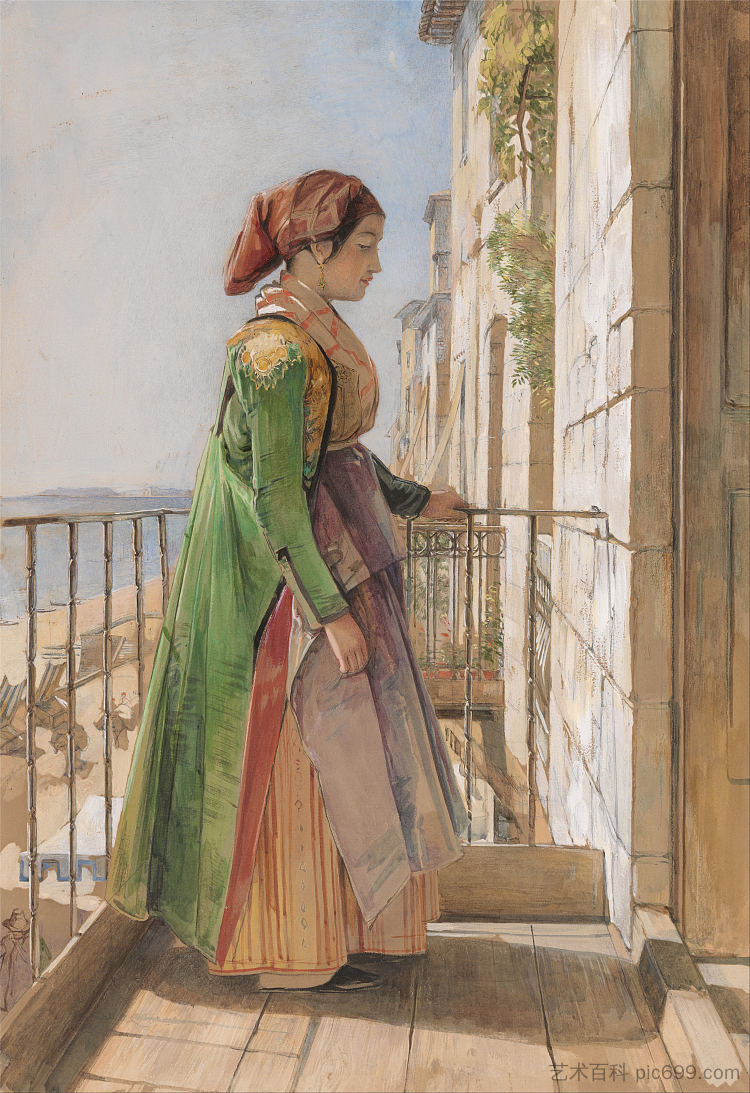 一个希腊女孩站在阳台上 A Greek Girl Standing on a Balcony (1840)，约翰·弗雷德里克·刘易斯