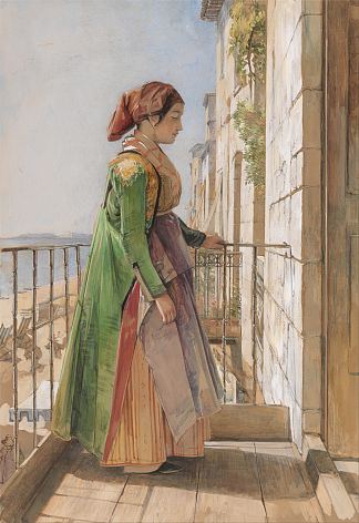 一个希腊女孩站在阳台上 A Greek Girl Standing on a Balcony (1840)，约翰·弗雷德里克·刘易斯