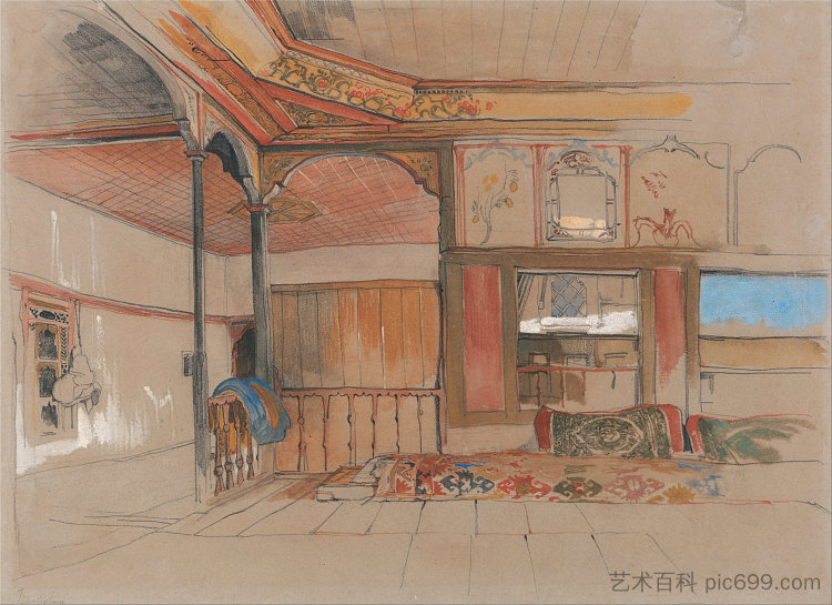 东方民居内部 Interior of An Eastern House (c.1840 - c.1851)，约翰·弗雷德里克·刘易斯