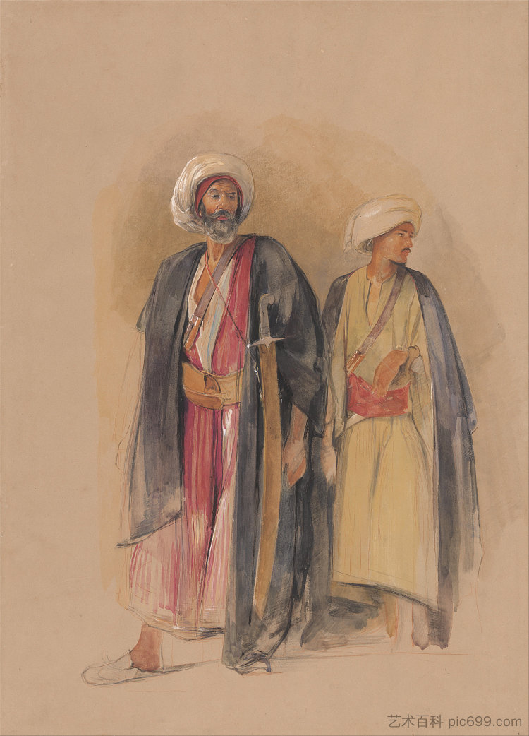 Gebel Tor的Sheik Hussein和他的儿子 Sheik Hussein of Gebel Tor and His Son (1842 - 1843),约翰·弗雷德里克·刘易斯