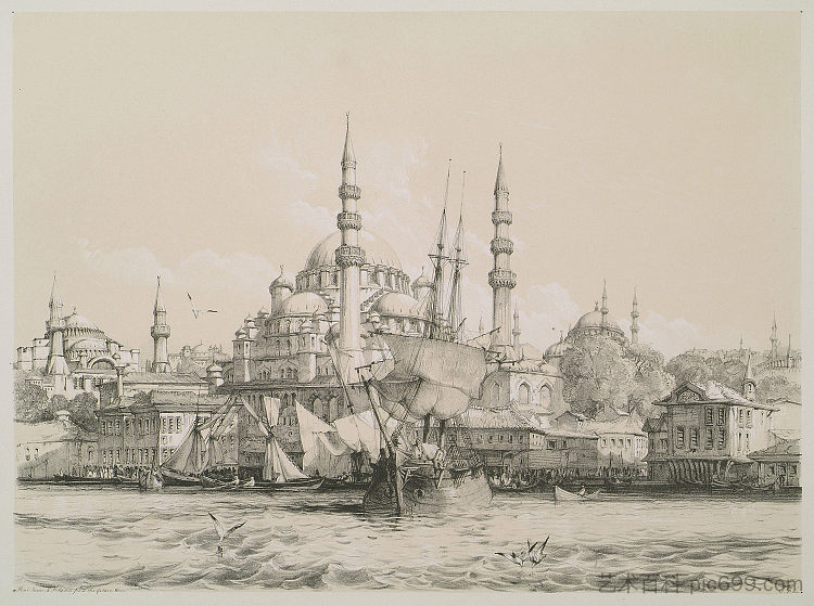金角湾的耶尼贾米清真寺和圣索菲亚清真寺 Mosque of Yeni Jami and Saint Sophia from the Golden Horn (1838),约翰·弗雷德里克·刘易斯