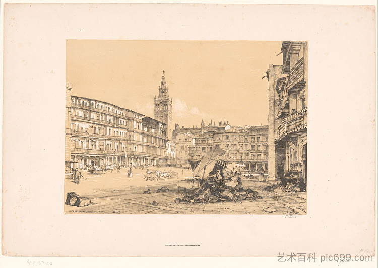 西班牙之旅草图:塞维利亚的旧金山广场 塞维利亚旧金山广场 Sketches of a trip to Spain: Plaza de San Francisco, in Seville Plaza de San Francisco, Seville (1836),约翰·弗雷德里克·刘易斯