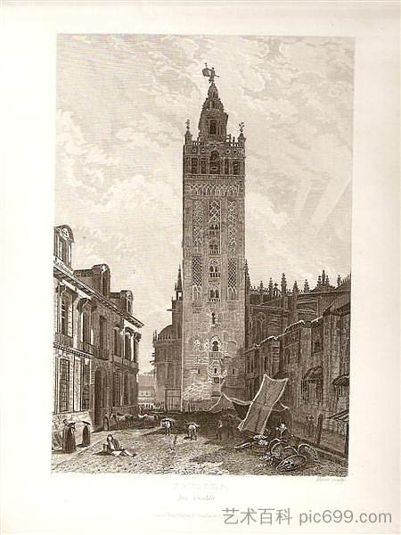 希拉尔达。塞维利亚。雕刻和钢板 Giralda. Seville. Grabado And Plancha De Acero (1837),约翰·弗雷德里克·刘易斯