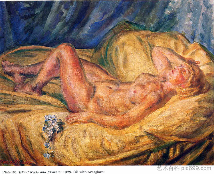 金发裸体和鲜花 Blond Nude and Flowers (1929)，约翰法国斯隆