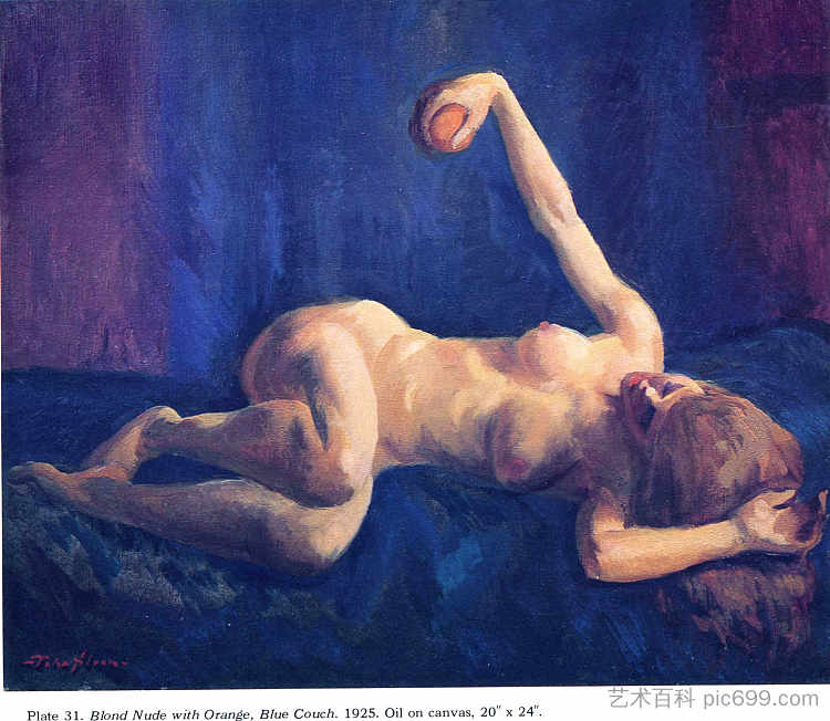 金色裸体与橙色，蓝色沙发 Blond Nude with Orange, Blue Couch (1925)，约翰法国斯隆