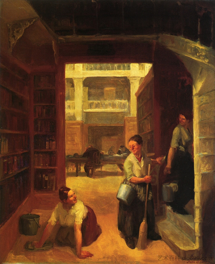 磨砂女，阿斯特图书馆 Scrubwoman, Astor Library (1910 - 1911)，约翰法国斯隆