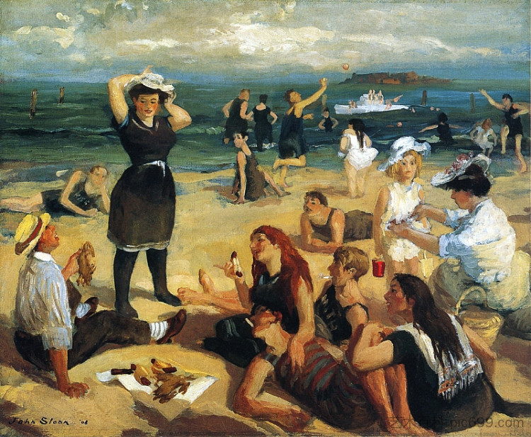 南海滩游泳者 South Beach Bathers (1907 - 1908)，约翰法国斯隆