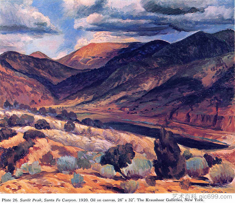 阳光山峰，圣达菲峡谷 Sunlit Peak, Santa Fe Canyon (1920)，约翰法国斯隆