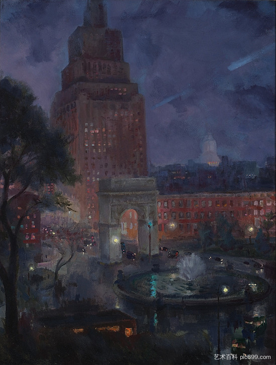 湿夜，华盛顿广场 Wet Night, Washington Square (1928)，约翰法国斯隆