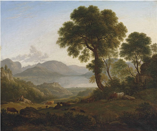 前景为牧羊人，牛和山羊的湖泊景观 A lake landscape with a shepherd, cattle and goats in the foreground，约翰·格洛弗