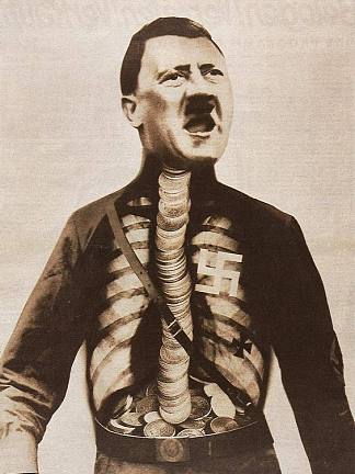 超人阿道夫：吞下黄金并喷出垃圾，AIZ 11。第29期，7月17日 Adolf the Übermensch: Swallows gold and spouts junk, AIZ 11. no. 29, July 17 (1932)，约翰·哈特菲尔德