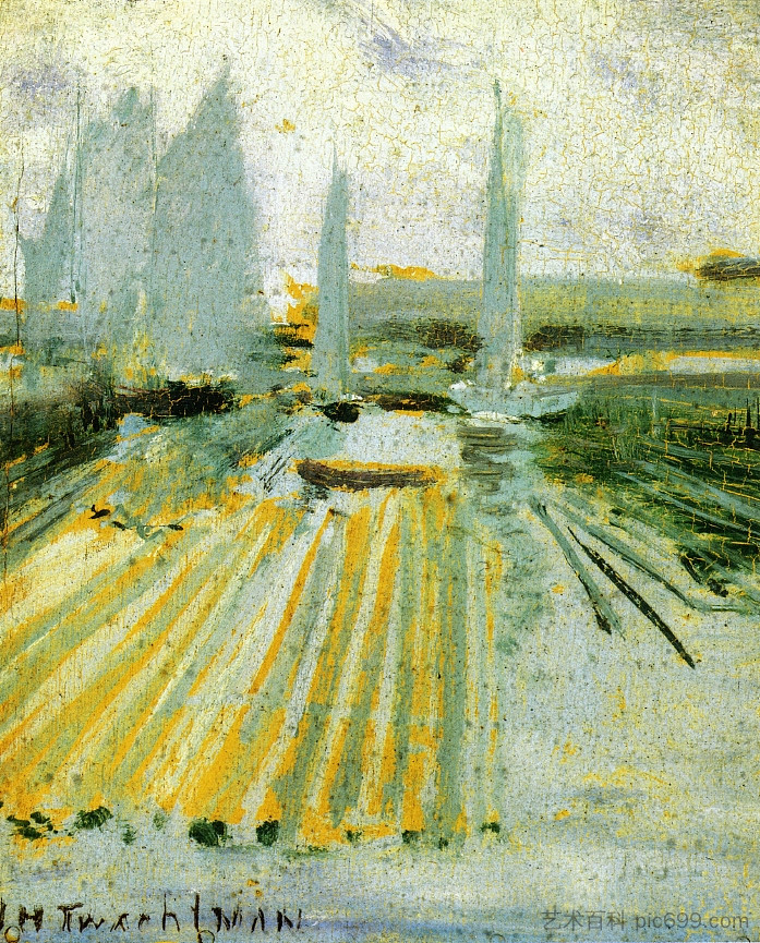 雾和小帆船 Fog and Small Sailboats (c.1900)，约翰·亨利·特瓦克特曼