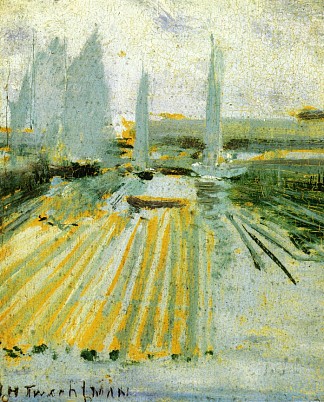 雾和小帆船 Fog and Small Sailboats (c.1900)，约翰·亨利·特瓦克特曼