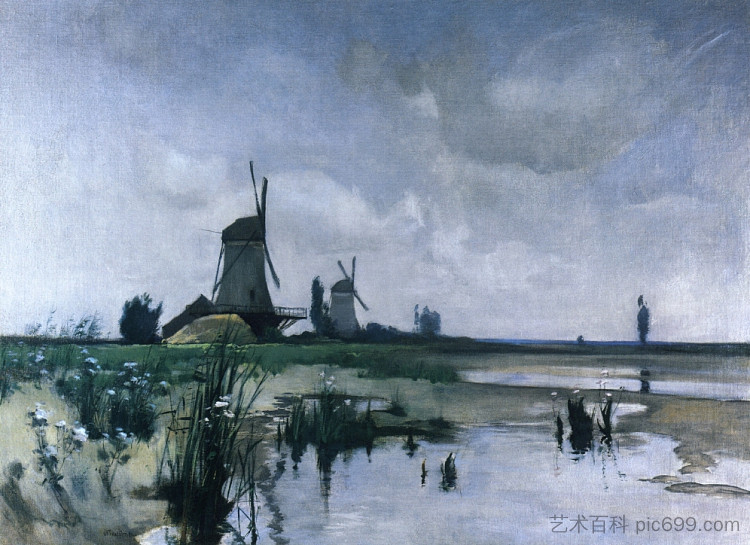 风车 Windmills (c.1885)，约翰·亨利·特瓦克特曼