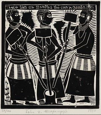 三个女孩在奥万博踩玉米 Three Girls Stamping the Corn in Ovambo (1980)，约翰·穆阿凡格霍