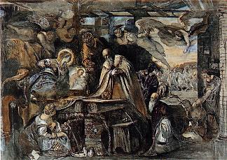 丁托列托《贤士崇拜》研究 Study from Tintoretto’s Adoration of the Magi (1852)，约翰·罗斯金