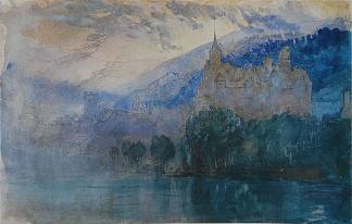 黄昏时的纳沙泰尔城堡，远处是汝拉山脉 The Chateau of Neuchatel at dusk, with Jura mountains beyond (1866)，约翰·罗斯金