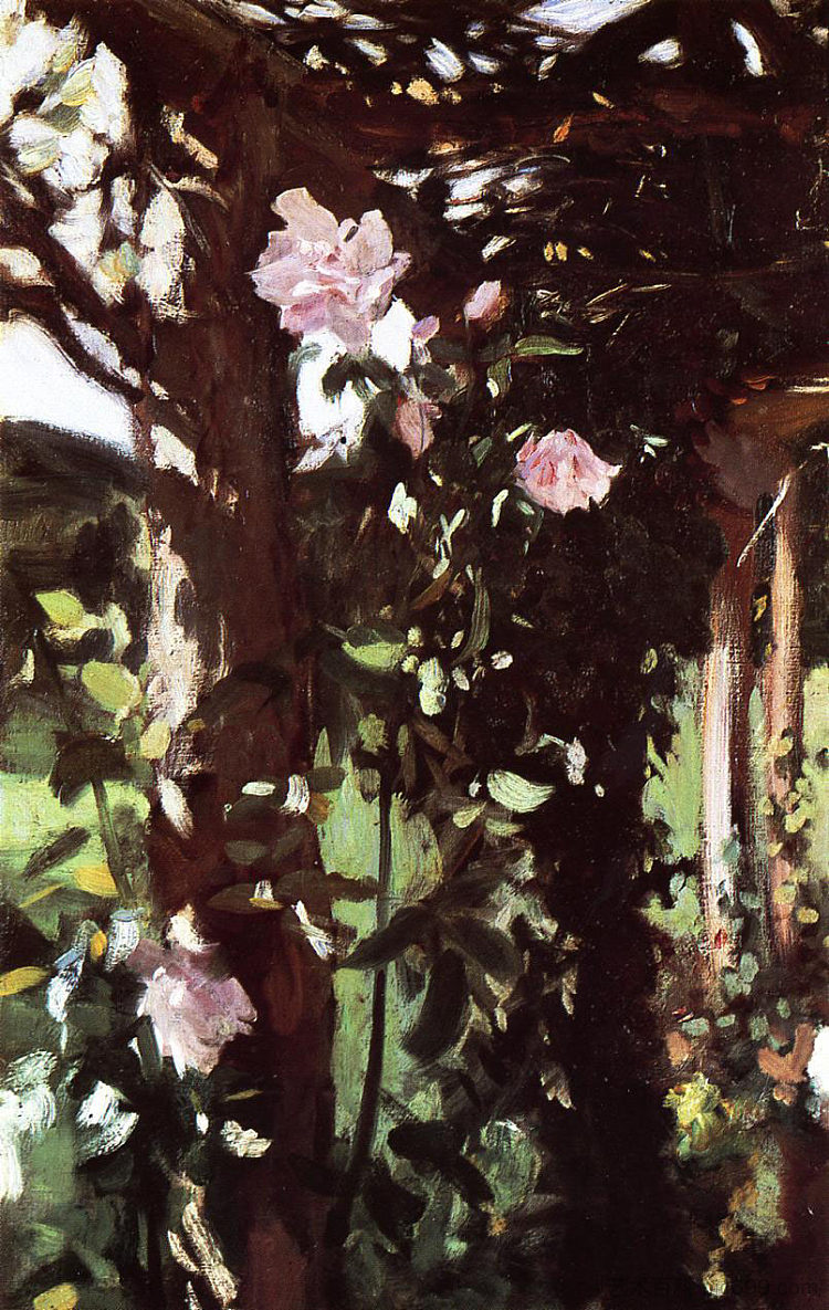 玫瑰棚架（牛津郡的玫瑰） A Rose Trellis (Roses at Oxfordshire) (c.1886)，约翰·辛格·萨金特